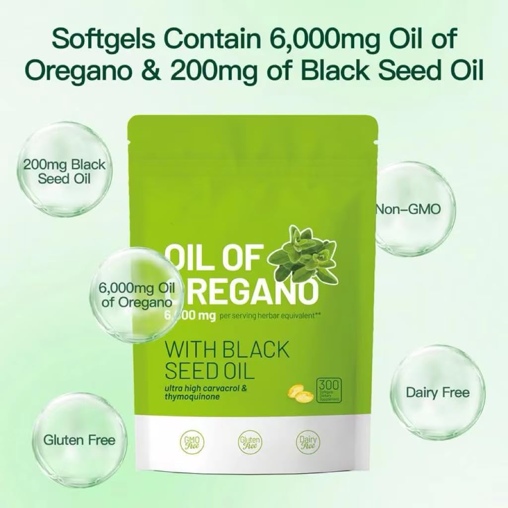 Organic Oil of Oregano Capsules with Black Seed Oil - 6,000mg | 300 Count | Antioxidant Rich Formula | Non-GMO & Gluten Free | High Carvacrol & Thymoquinone