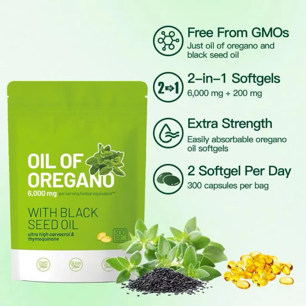 Organic Oil of Oregano Capsules with Black Seed Oil - 6,000mg | 300 Count | Antioxidant Rich Formula | Non-GMO & Gluten Free | High Carvacrol & Thymoquinone