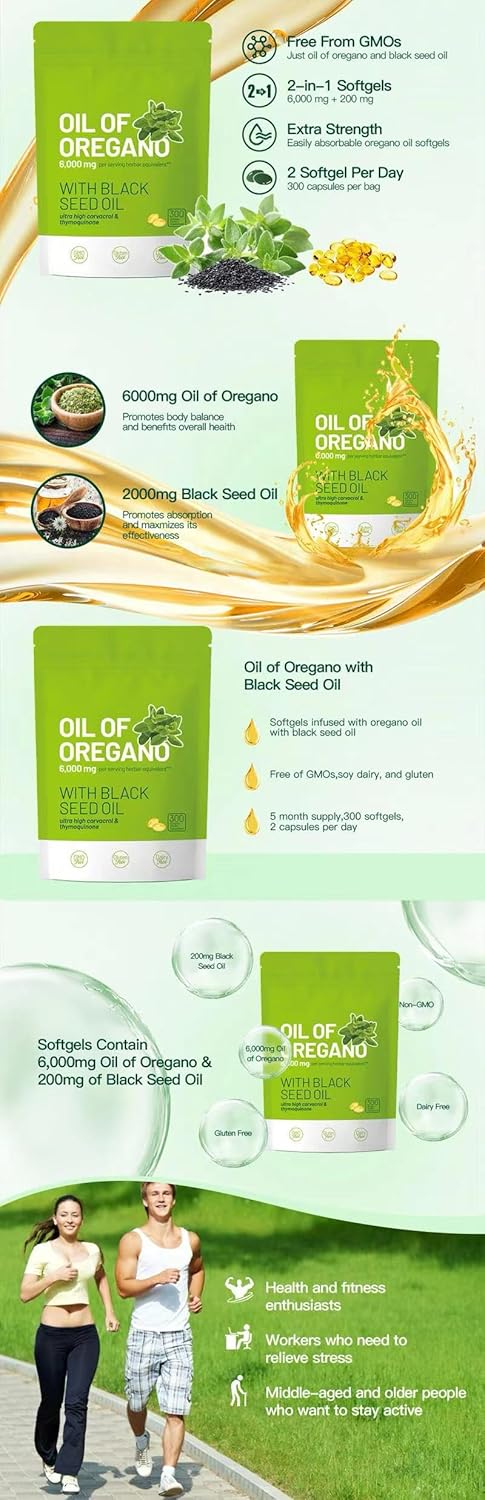 Organic Oil of Oregano Capsules with Black Seed Oil - 6,000mg | 300 Count | Antioxidant Rich Formula | Non-GMO & Gluten Free | High Carvacrol & Thymoquinone