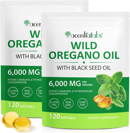 Organic Oil of Oregano Softgels with Black Seed Oil - 120 Count, 6000mg, 2 Pack, Gluten Free, Non-GMO, Immune Support
