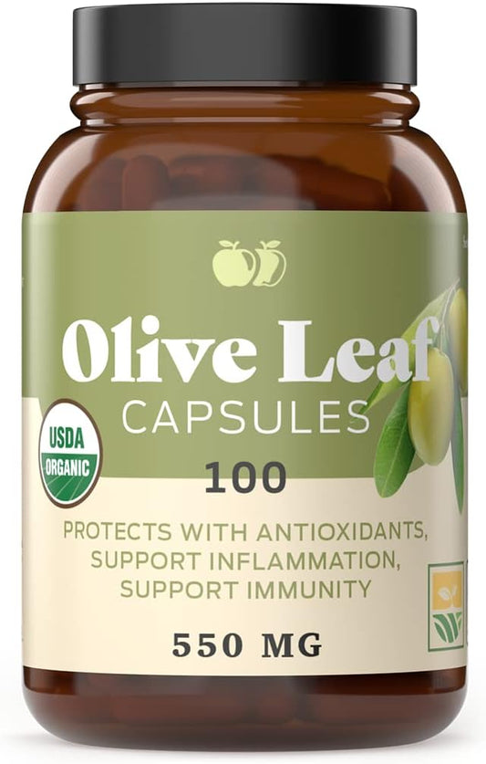 Organic Olive Leaf Capsules - 550mg, 100 Count, 1100mg per Serving - Pure Natural Product