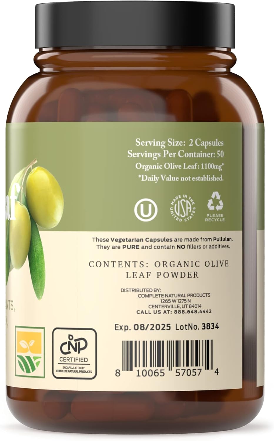 Organic Olive Leaf Capsules - 550mg, 100 Count, 1100mg per Serving - Pure Natural Product