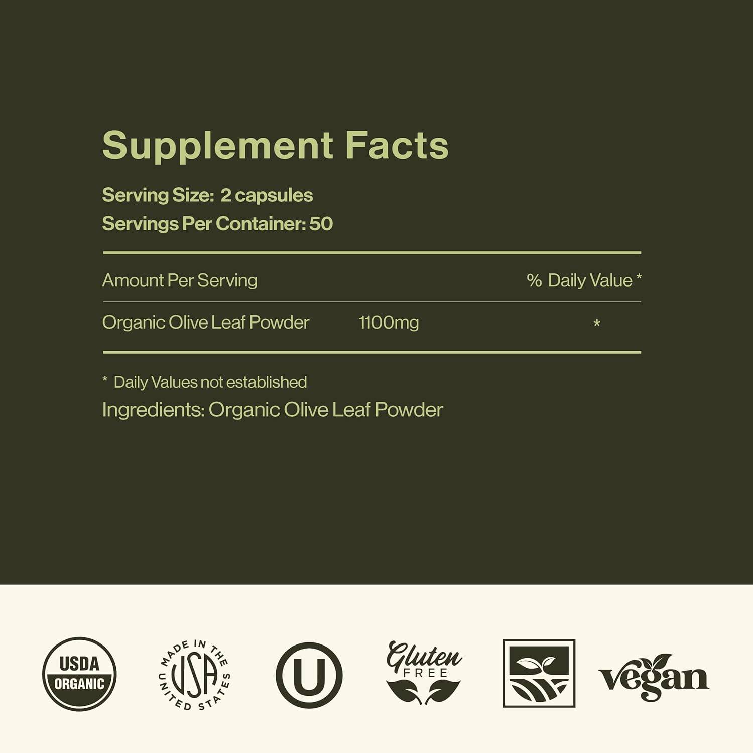 Organic Olive Leaf Capsules - 550mg, 100 Count, 1100mg per Serving - Pure Natural Product