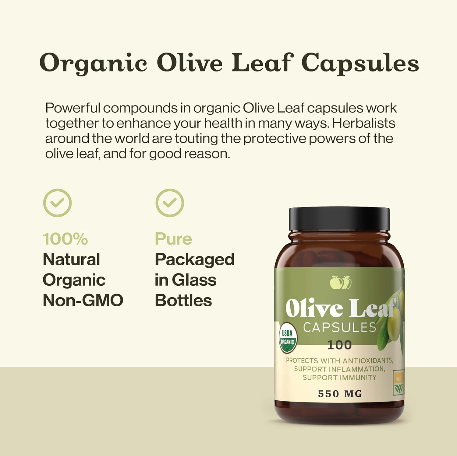 Organic Olive Leaf Capsules - 550mg, 100 Count, 1100mg per Serving - Pure Natural Product