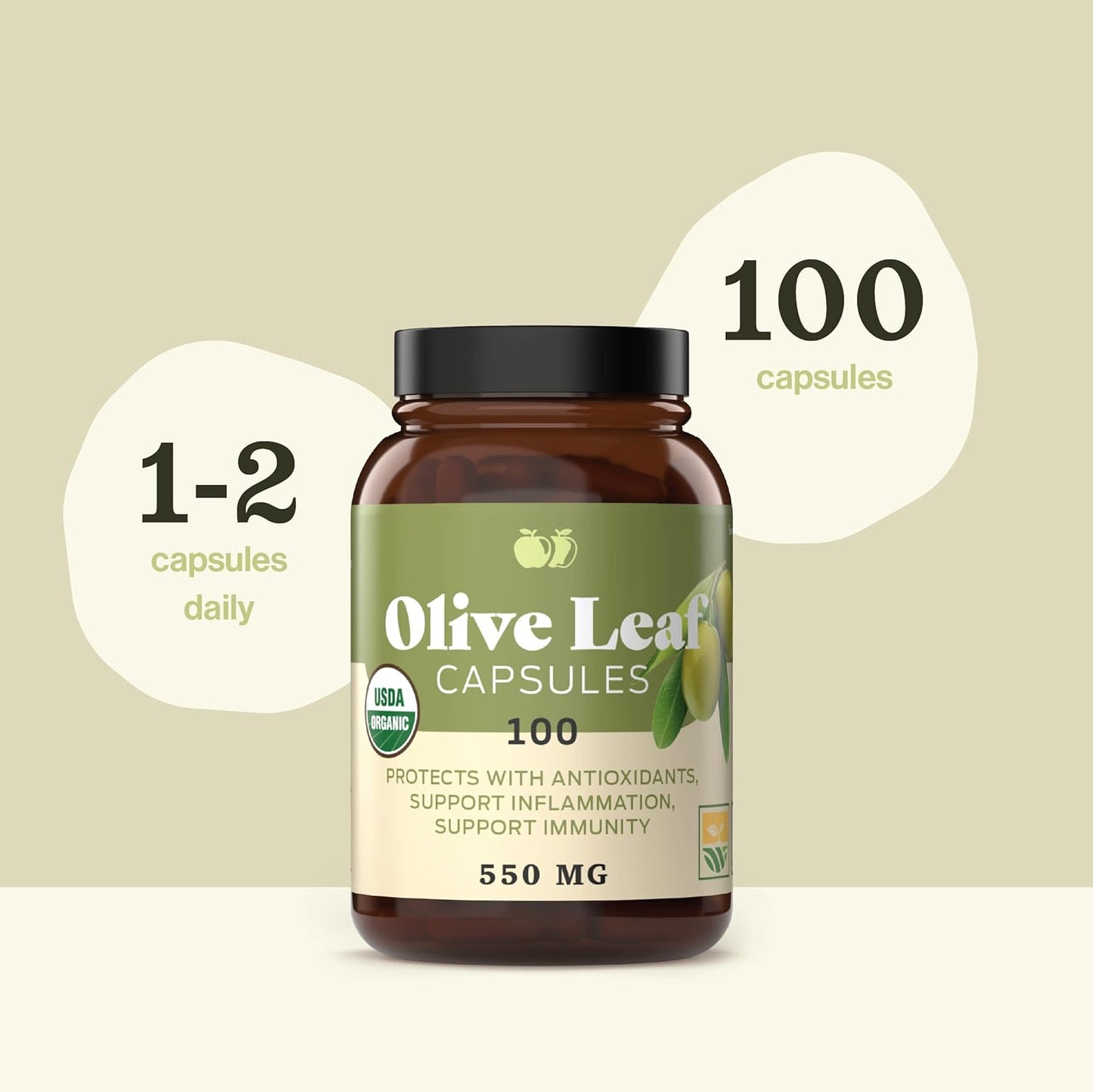 Organic Olive Leaf Capsules - 550mg, 100 Count, 1100mg per Serving - Pure Natural Product