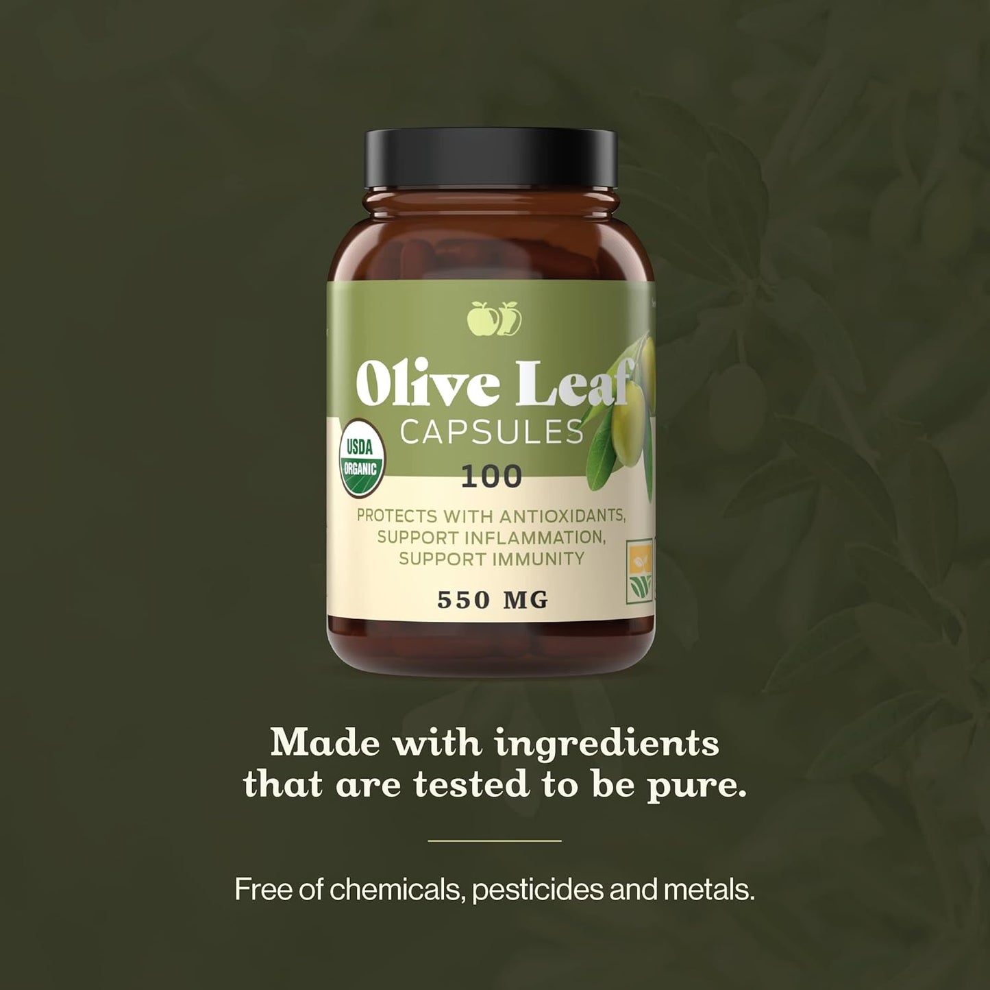Organic Olive Leaf Capsules - 550mg, 100 Count, 1100mg per Serving - Pure Natural Product