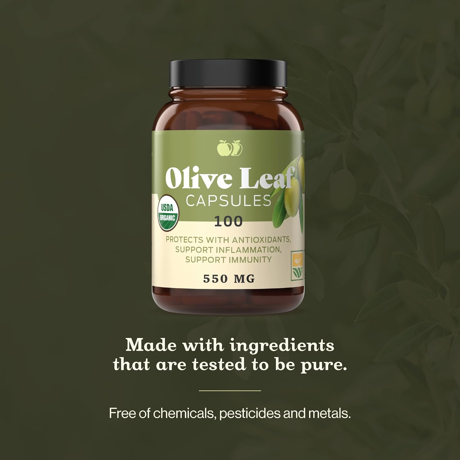 Organic Olive Leaf Capsules - 550mg, 100 Count, 1100mg per Serving - Pure Natural Product