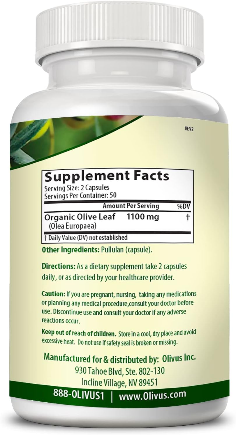 Organic Olive Leaf Capsules - 550mg Pure Powder, Immune Support & Antioxidant - 100 Vegetable Capsules