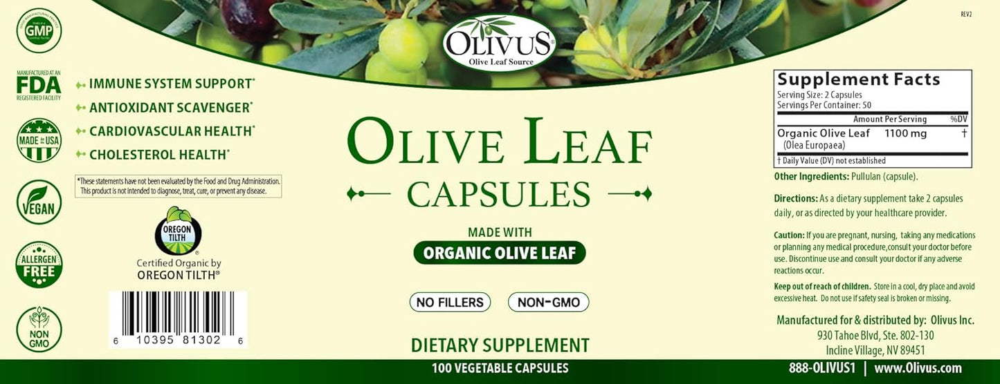 Organic Olive Leaf Capsules - 550mg Pure Powder, Immune Support & Antioxidant - 100 Vegetable Capsules