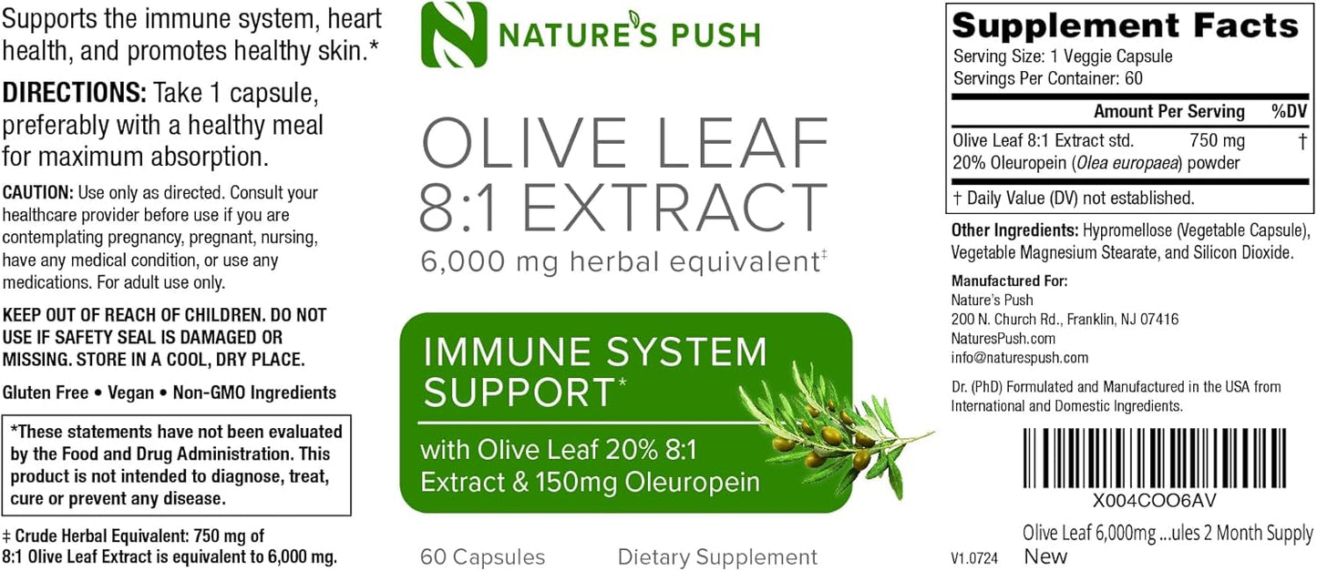Organic Olive Leaf Extract Capsules - High-Potency 8:1 Extract with 20% Oleuropein for Immune, Skin, & Heart Health - Antioxidant Rich, Vegan, Non-GMO, Gluten-Free - 60 Capsules, 2 Month Supply