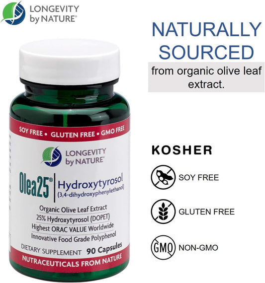 Organic Olive Leaf Extract Capsules - Olea25, Powerful Antioxidant, 90 Count Dietary Supplement for Longevity