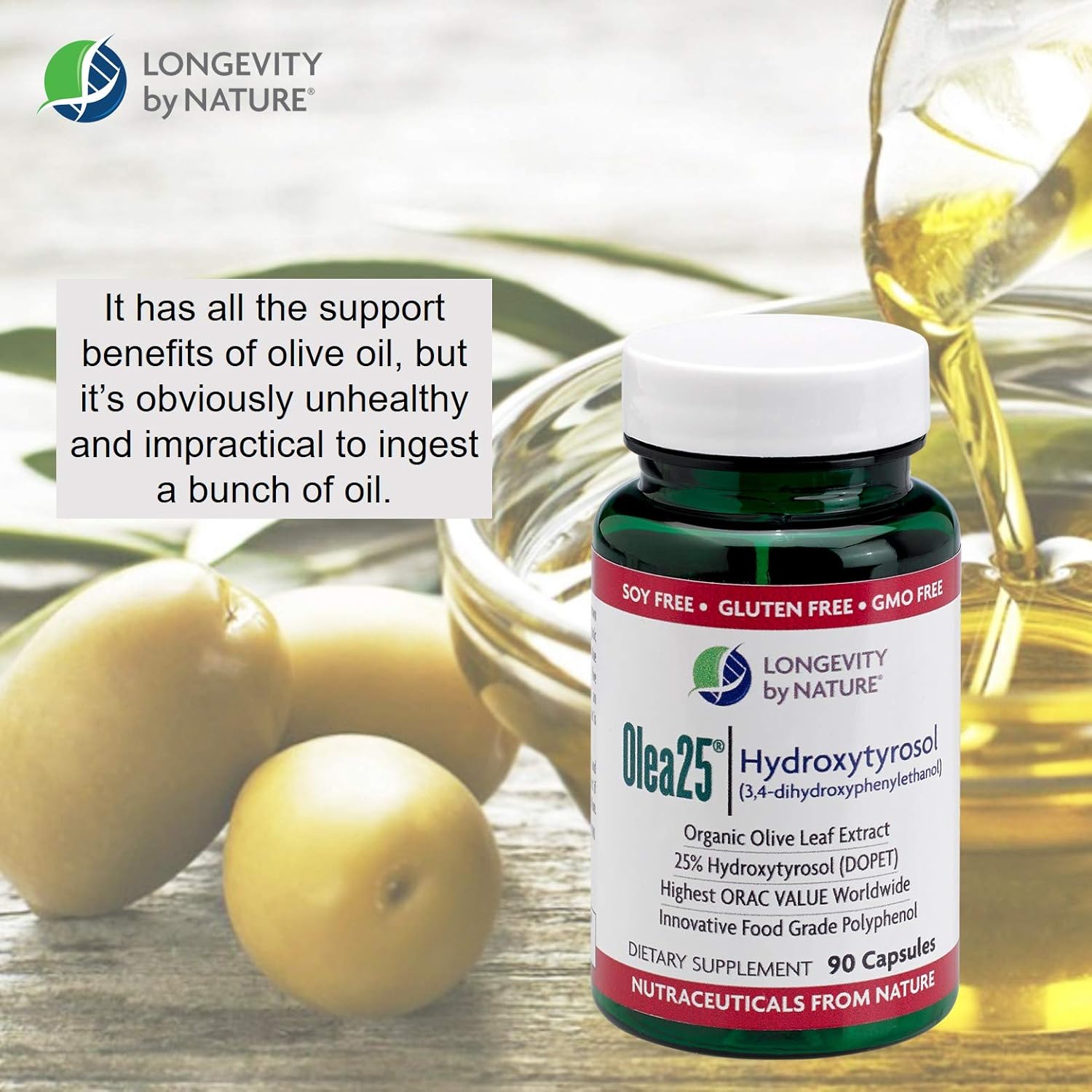 Organic Olive Leaf Extract Capsules - Olea25, Powerful Antioxidant, 90 Count Dietary Supplement for Longevity