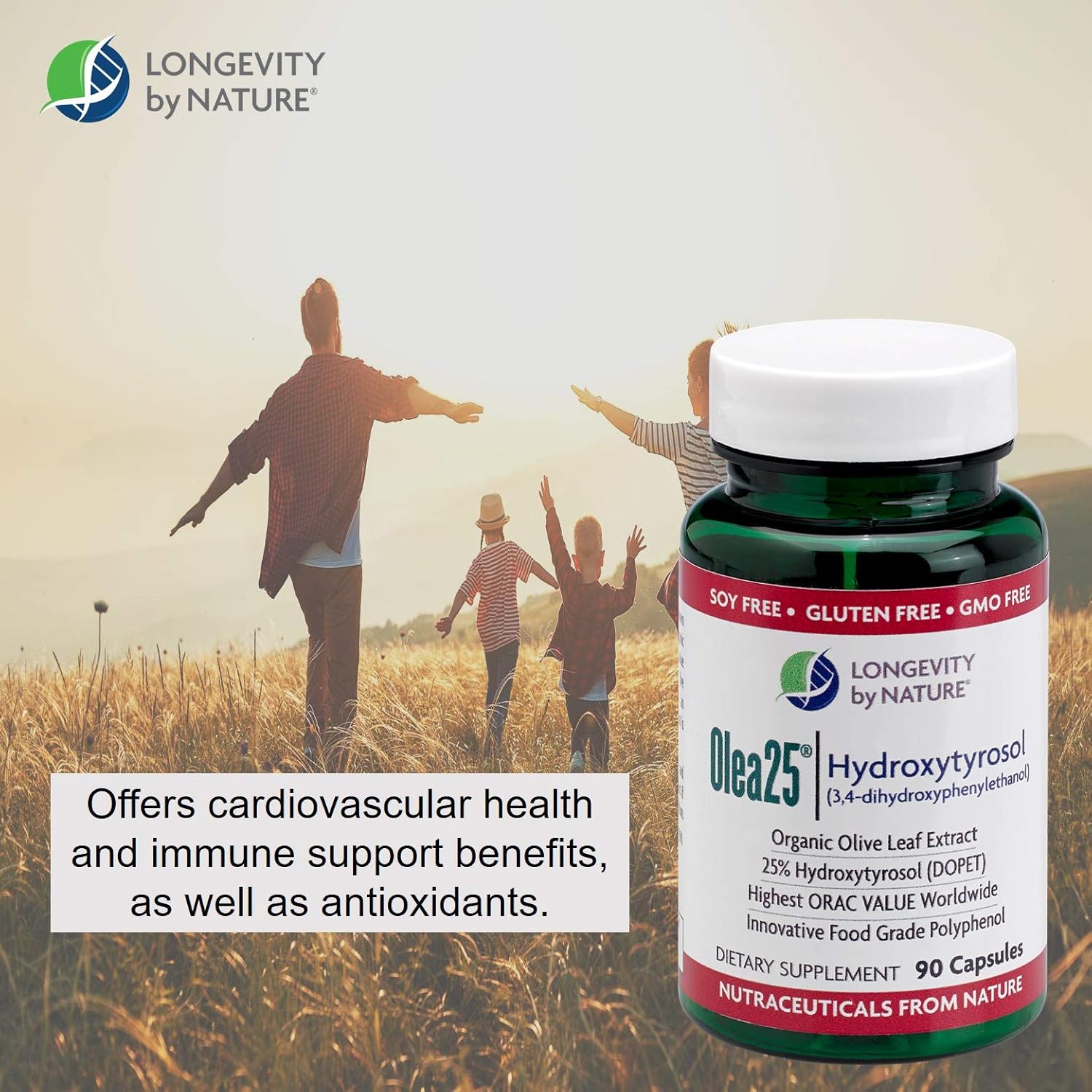 Organic Olive Leaf Extract Capsules - Olea25, Powerful Antioxidant, 90 Count Dietary Supplement for Longevity