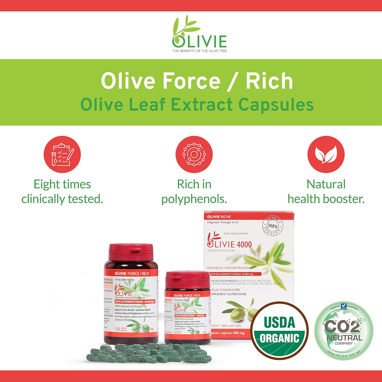 Organic Olive Leaf Extract Capsules for Adults | Olivie Force/Rich Polyphenol Supplement | Antioxidant Health Support | 100 Vegetal Capsules