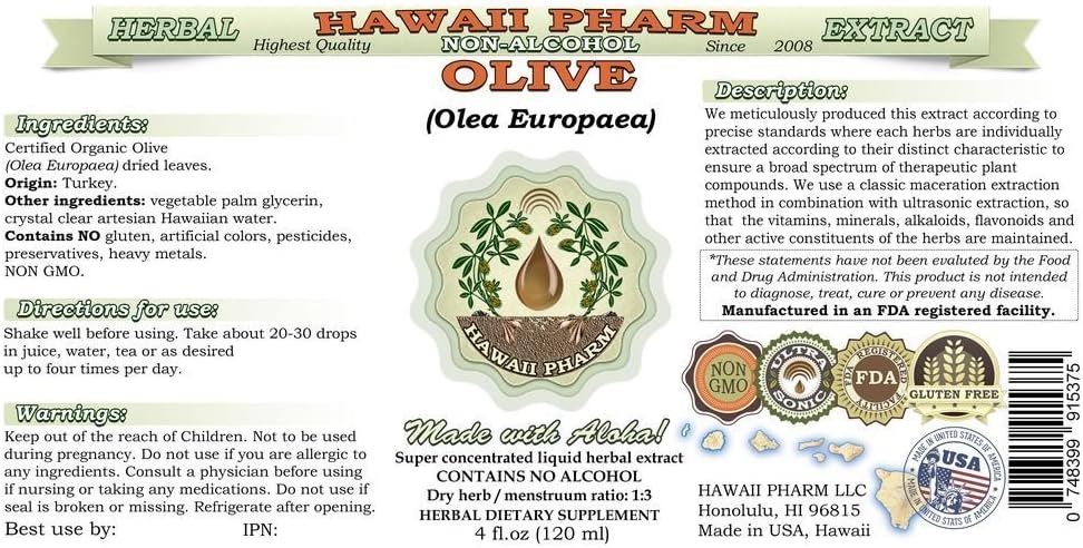 Organic Olive Leaf Glycerite Extract - Alcohol-Free Herbal Supplement - 2 fl.oz by Hawaii Pharm