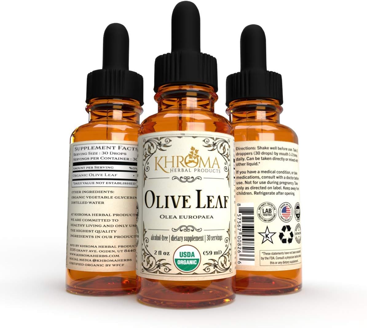 Organic Olive Leaf Liquid Extract - 2 oz Glass Bottle - 30 Servings - Khroma Herbal Products