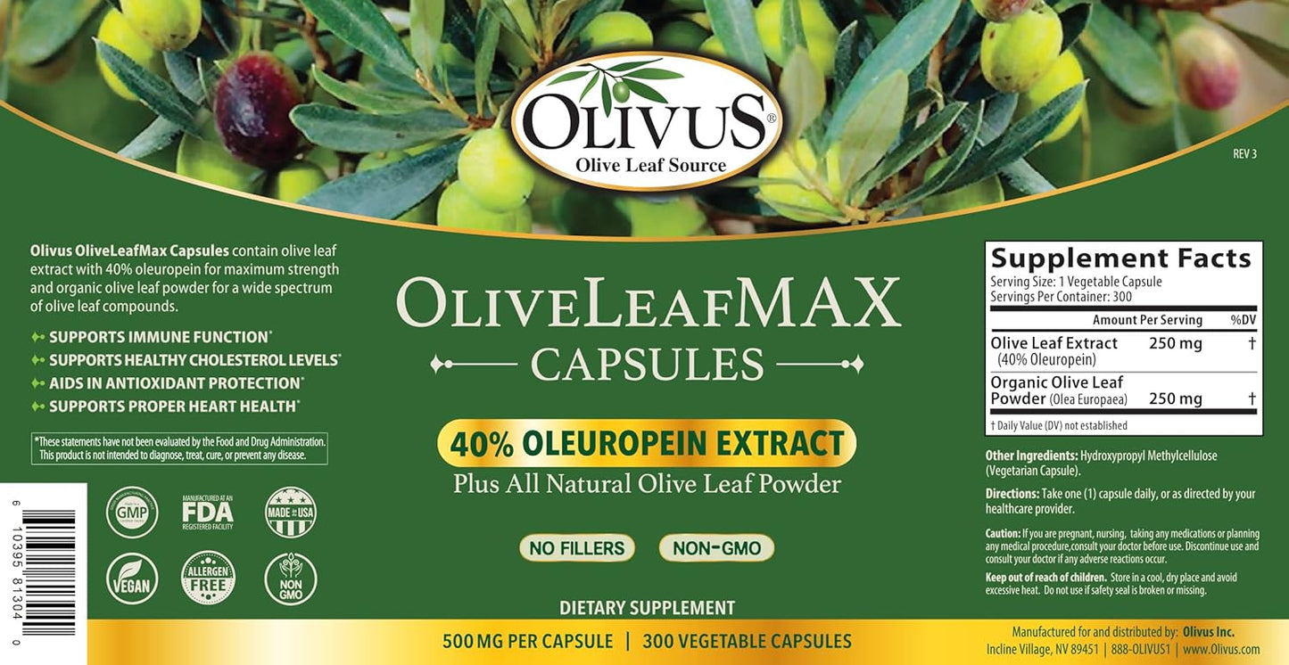 Organic OliveLeafMAX Extract Capsules - 40% Oleuroepin, 300 Vegetarian Capsules, Spain-Sourced & USA-Manufactured