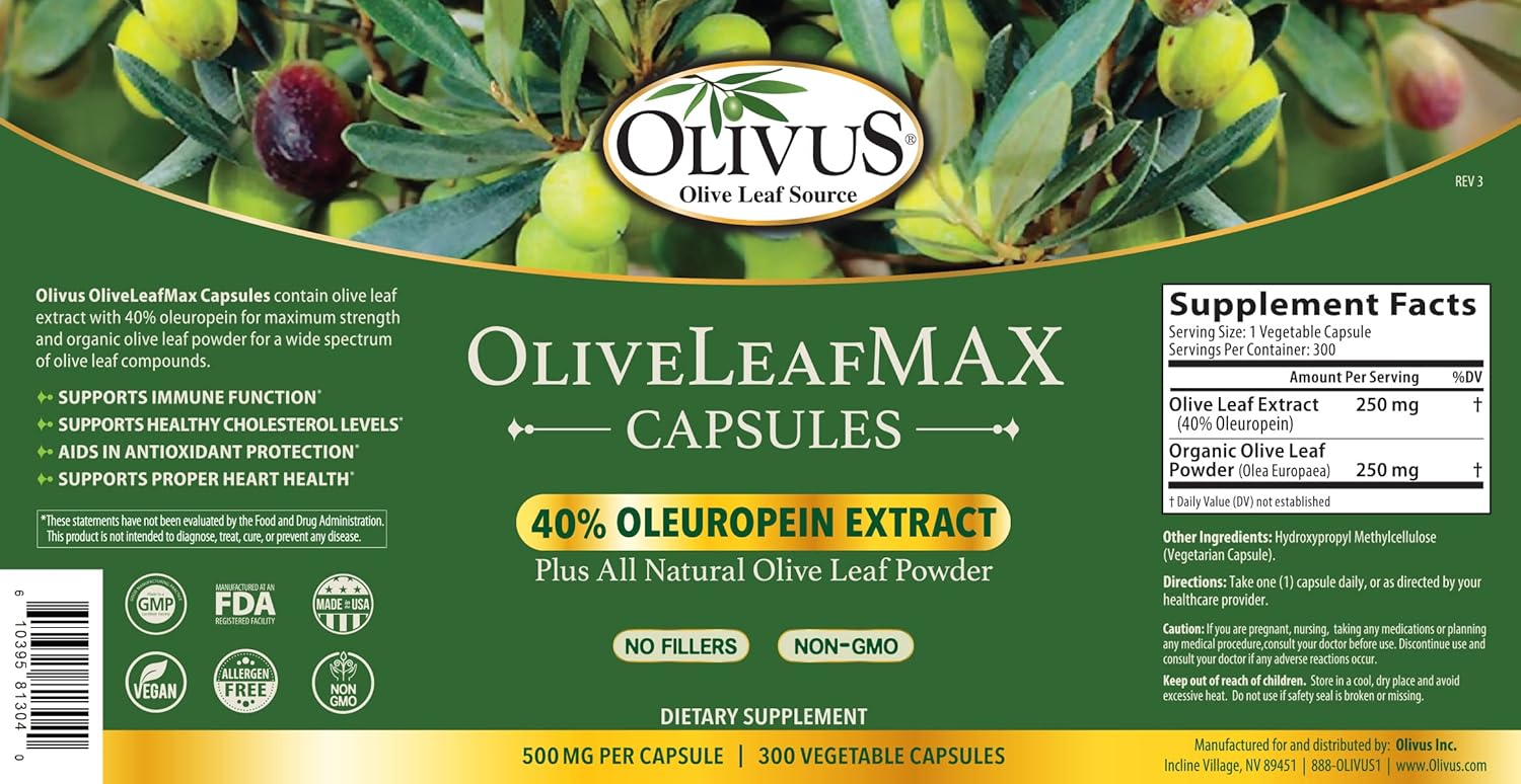 Organic OliveLeafMAX Extract Capsules - 40% Oleuroepin, 300 Vegetarian Capsules, Spain-Sourced & USA-Manufactured