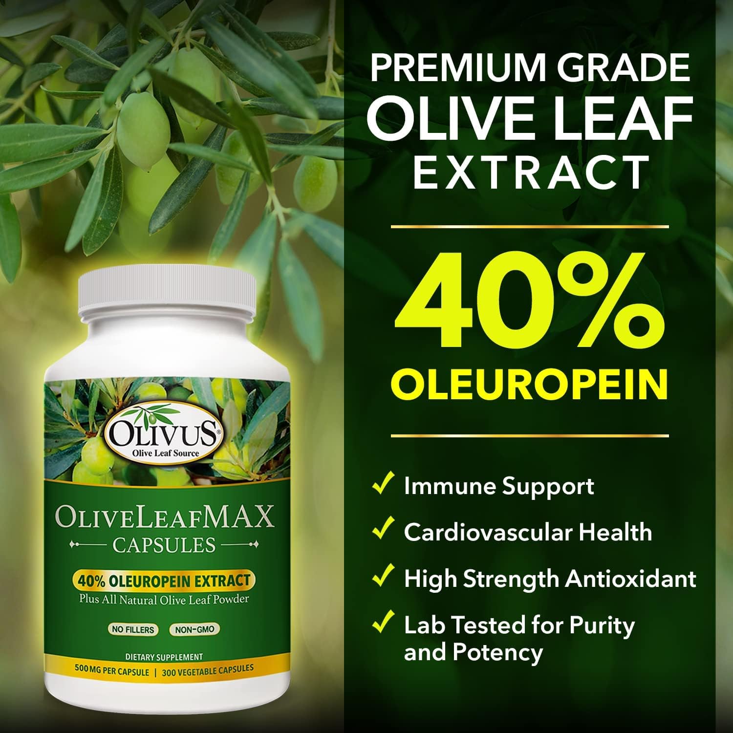 Organic OliveLeafMAX Extract Capsules - 40% Oleuroepin, 300 Vegetarian Capsules, Spain-Sourced & USA-Manufactured