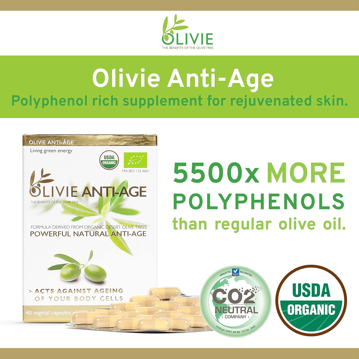 Organic Olivie Olive Leaf Extract Capsules with Antioxidant Polyphenols - Hydroxytyrosol & Oleuropein for Anti Aging - 40 Capsules