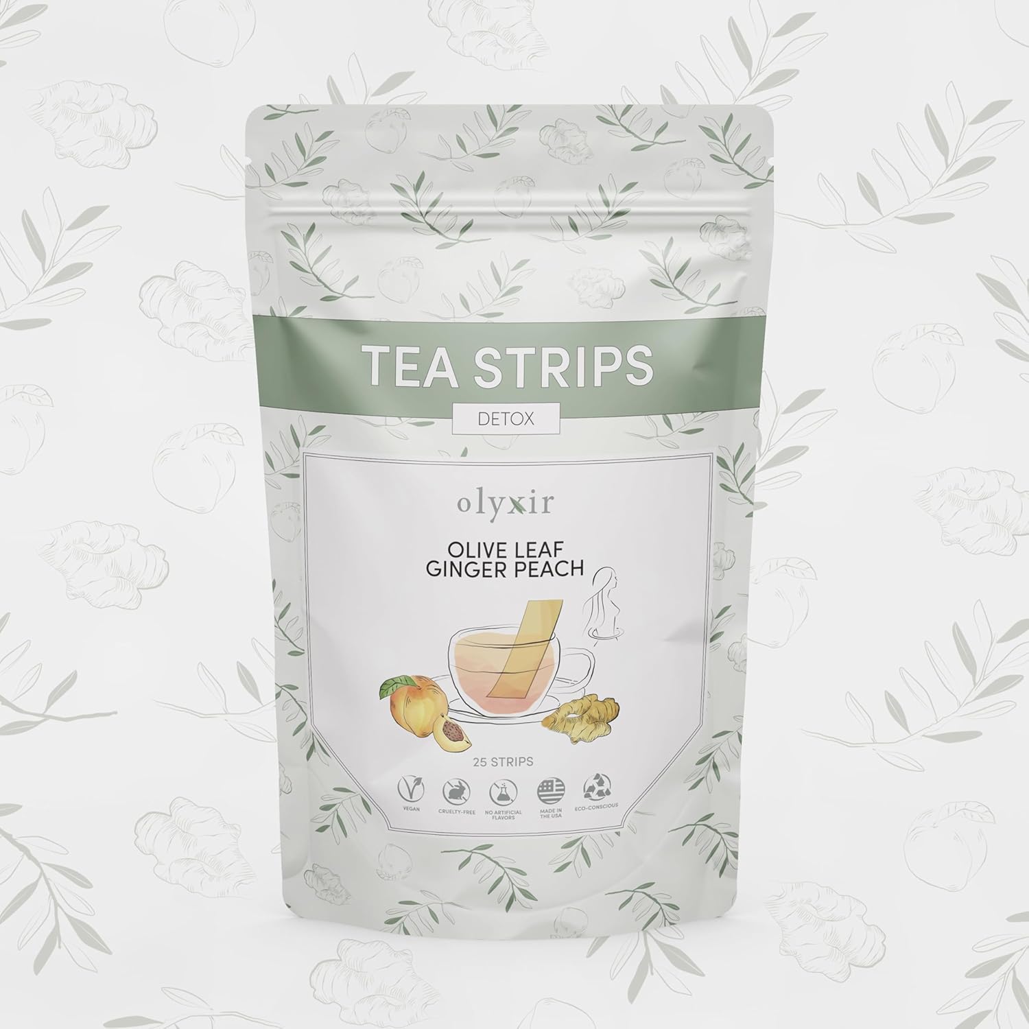 Organic Olyxir Detox Tea Strips with Natural Olive Leaf, Ginger, Peach Flavors - Instant Energizing Vegan Paleo - 25 Ct.