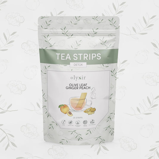 Organic Olyxir Detox Tea Strips with Natural Olive Leaf, Ginger, Peach Flavors - Instant Energizing Vegan Paleo - 25 Ct.