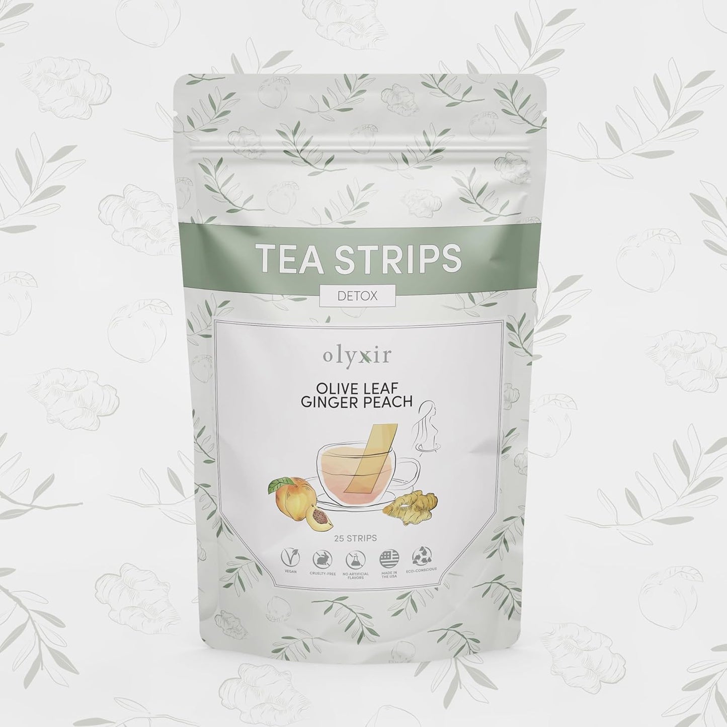 Organic Olyxir Detox Tea Strips with Natural Olive Leaf, Ginger, Peach Flavors - Instant Energizing Vegan Paleo - 25 Ct.