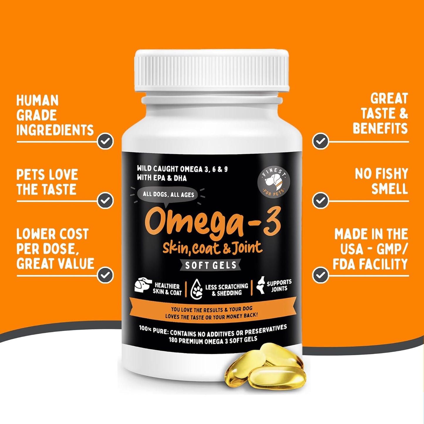 Organic Omega 3 Fish Oil Soft Gels for Dogs - Skin, Coat & Joint Supplement - Joint Health, Anti-Shedding & Itch Relief - Medium to Large Dogs