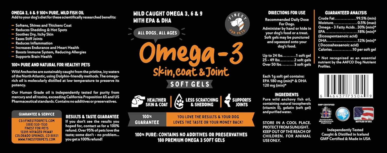 Organic Omega 3 Fish Oil Soft Gels for Dogs - Skin, Coat & Joint Supplement - Joint Health, Anti-Shedding & Itch Relief - Medium to Large Dogs