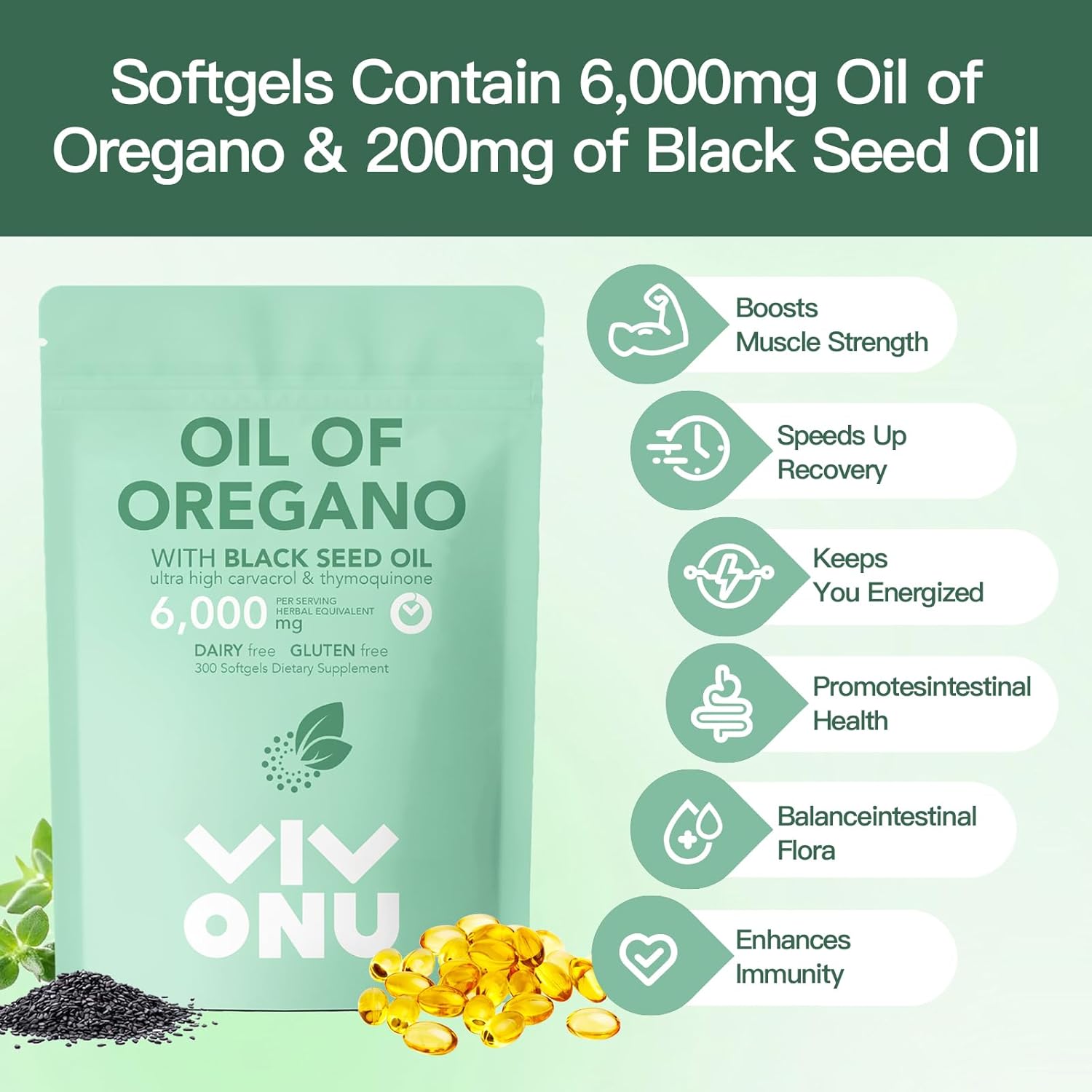 Organic Oregano and Black Seed Oil Softgels | 300 Count Capsules | Non-GMO Gluten Free Extract | Aceite de Oregano Pill