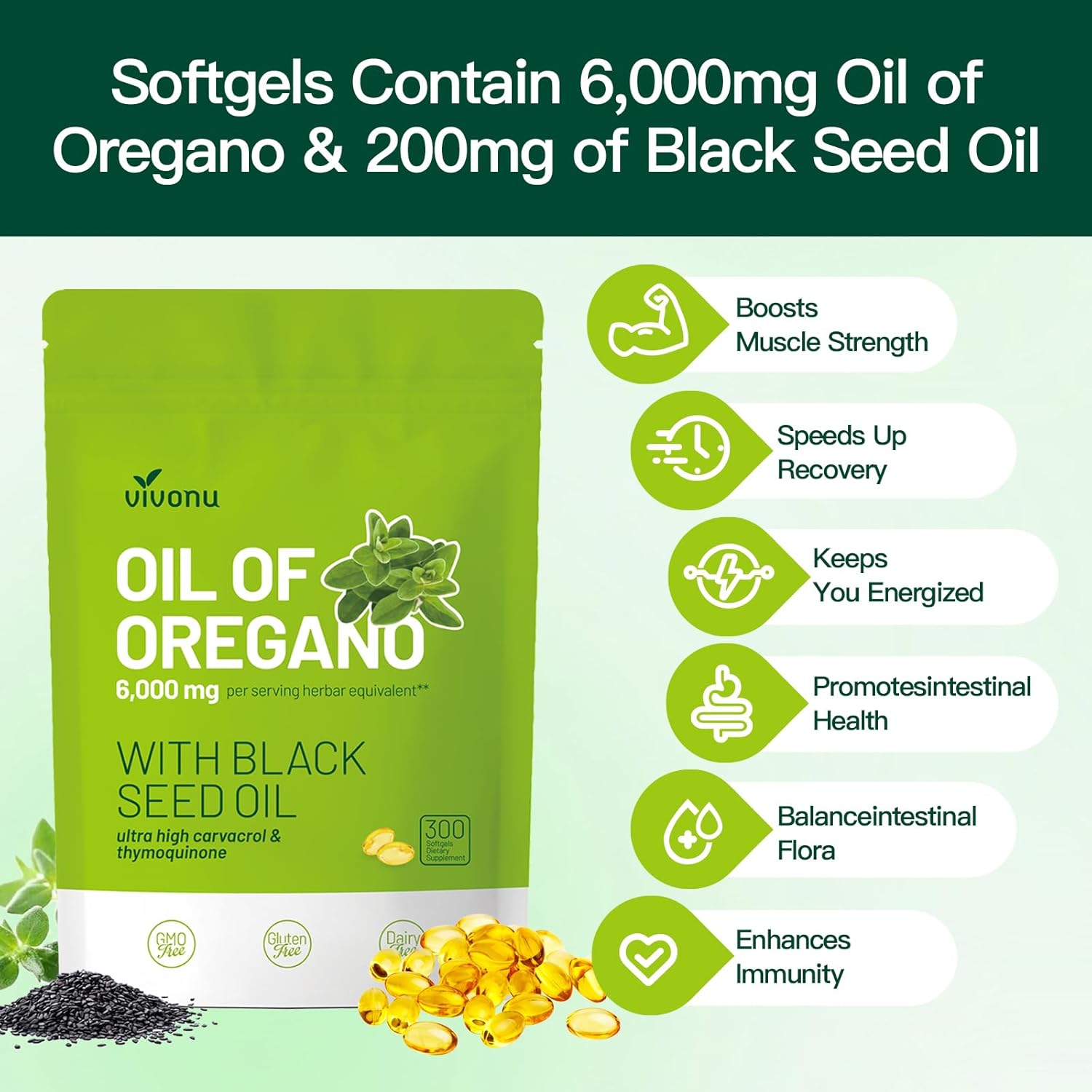 Organic Oregano Oil Capsules with Black Seed Oil for Immune Support - Non-GMO Softgels with Carvacrol & Thymoquinone
