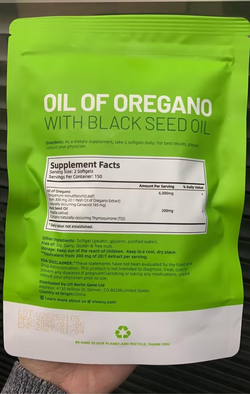 Organic Oregano Oil Capsules with Black Seed Oil for Immune Support - Non-GMO Softgels with Carvacrol & Thymoquinone