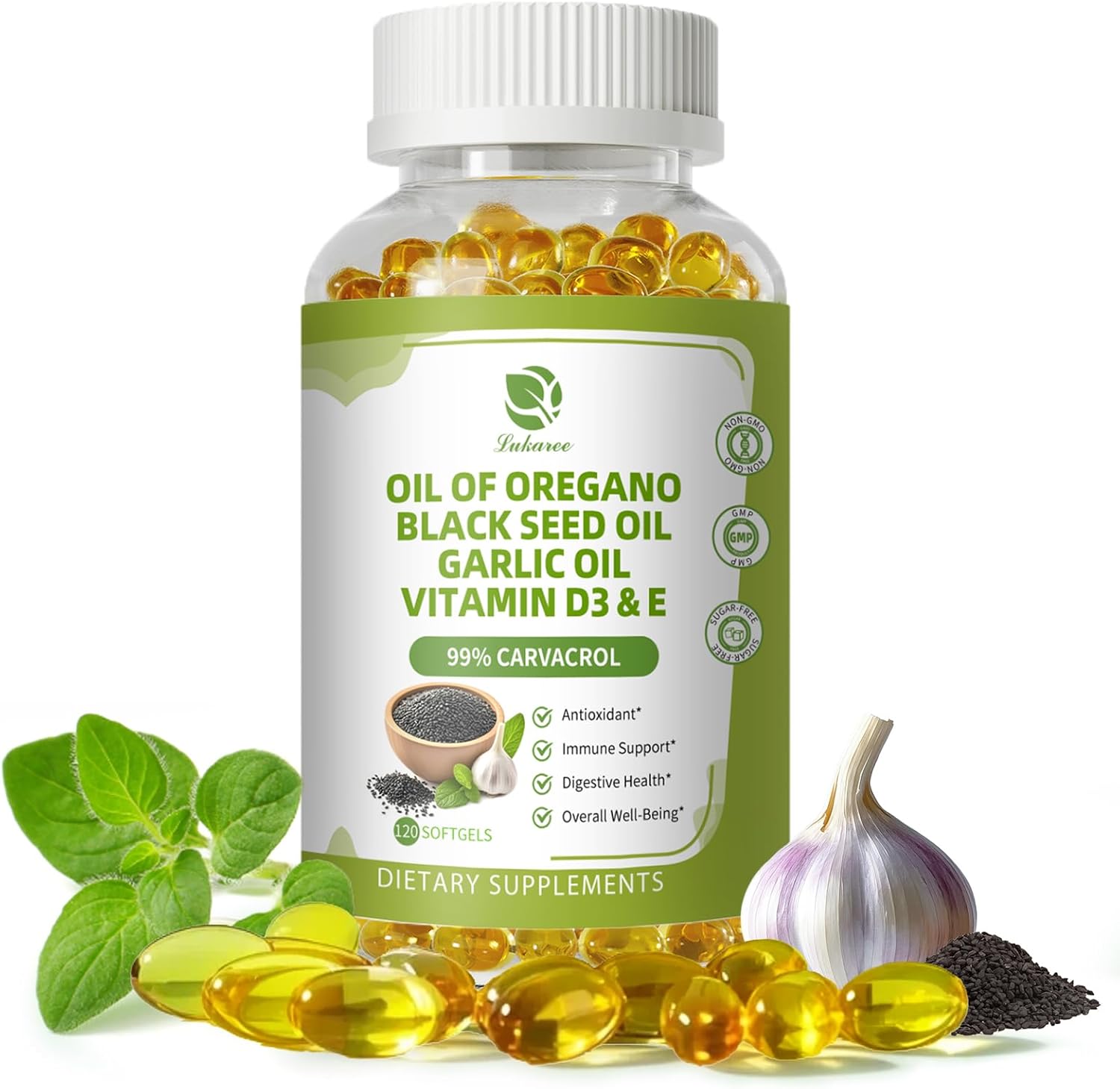 Organic Oregano Oil Capsules with Black Seed Oil, Garlic Oil, Vitamin D3 - Antioxidant & Immune Support, 120 Softgels, Non GMO