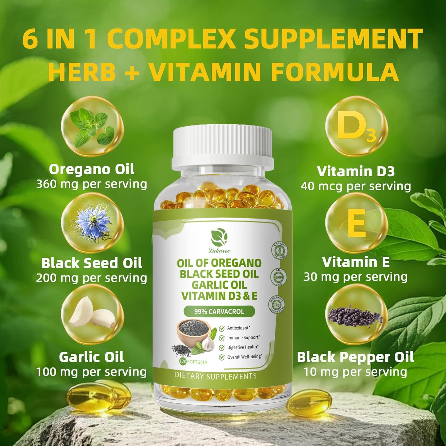 Organic Oregano Oil Capsules with Black Seed Oil, Garlic Oil, Vitamin D3 - Antioxidant & Immune Support, 120 Softgels, Non GMO