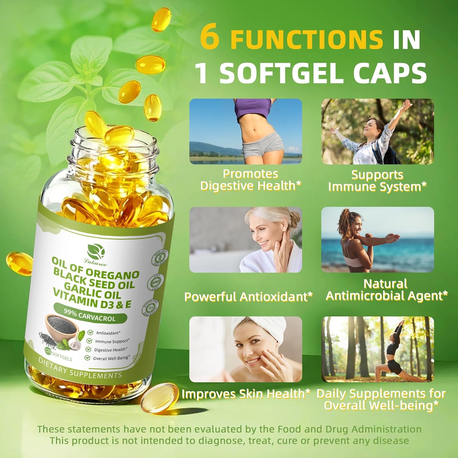 Organic Oregano Oil Capsules with Black Seed Oil, Garlic Oil, Vitamin D3 - Antioxidant & Immune Support, 120 Softgels, Non GMO