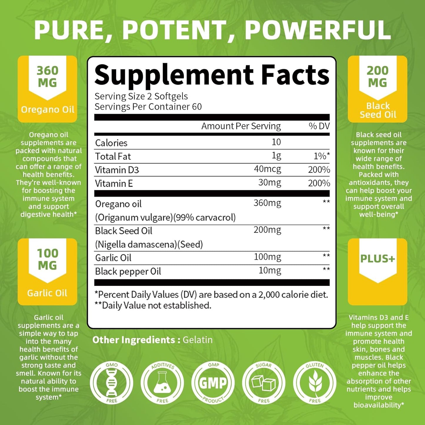 Organic Oregano Oil Capsules with Black Seed Oil, Garlic Oil, Vitamin D3 - Antioxidant & Immune Support, 120 Softgels, Non GMO