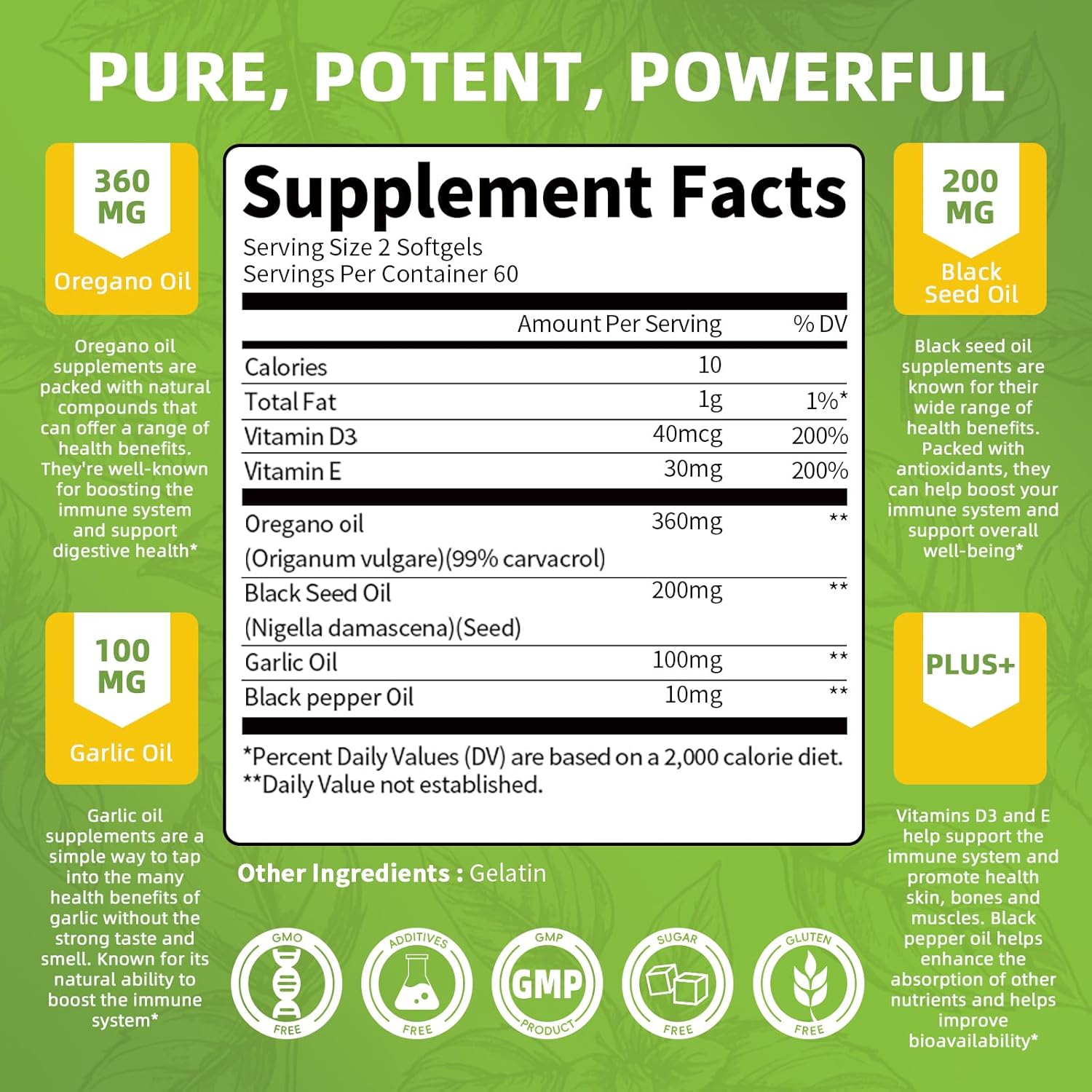 Organic Oregano Oil Capsules with Black Seed Oil, Garlic Oil, Vitamin D3 - Antioxidant & Immune Support, 120 Softgels, Non GMO