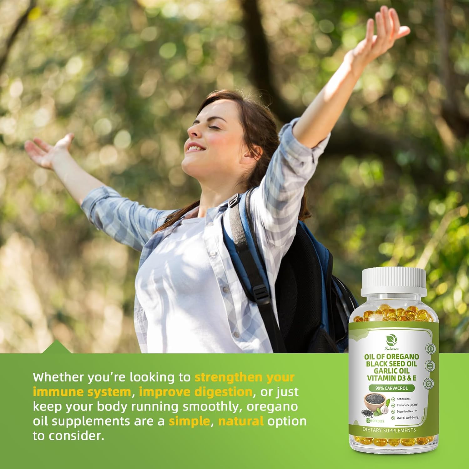 Organic Oregano Oil Capsules with Black Seed Oil, Garlic Oil, Vitamin D3 - Antioxidant & Immune Support, 120 Softgels, Non GMO