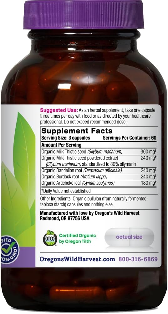 Organic Oregon's Wild Harvest Milk Thistle Dandelion Capsules - 180 Count