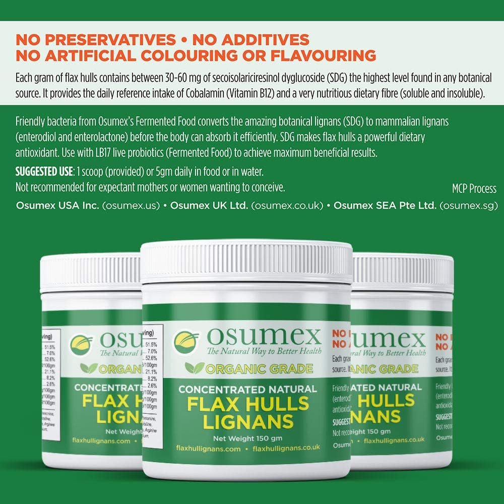 Organic Osumex Flax Seed Hull Powder 150g - High Lignan SDG Concentrate for Digestion, Smoothie Seeds for Daily Nutrition, No Oil or Seeds Added