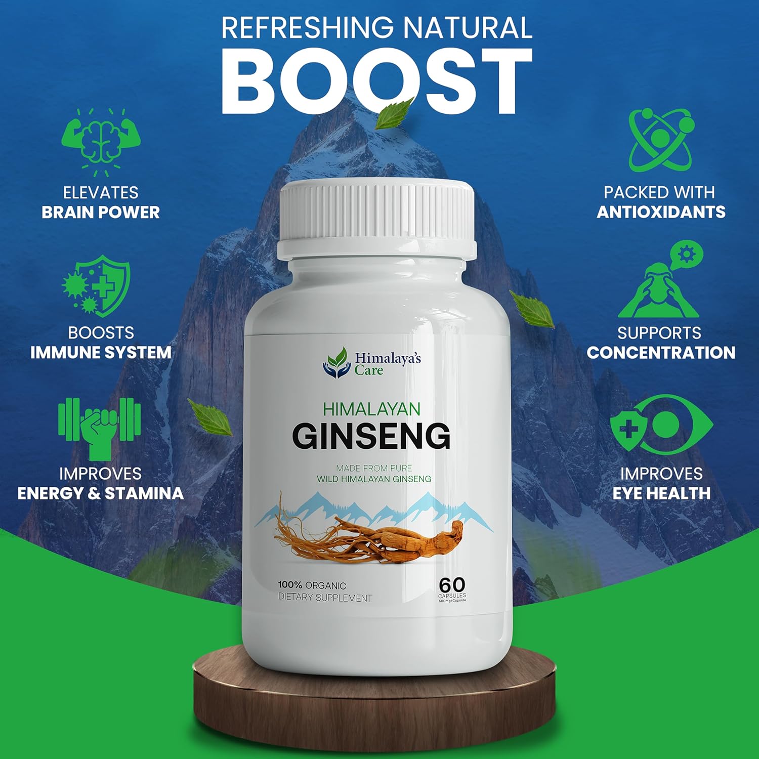 Organic Panax Ginseng Supplement 1000mg - 60 Vegan Capsules - Korean Red Ginseng Extract Root Powder - Natural Energy, Focus, Immune Support, Vitality & Stamina for Men and Women