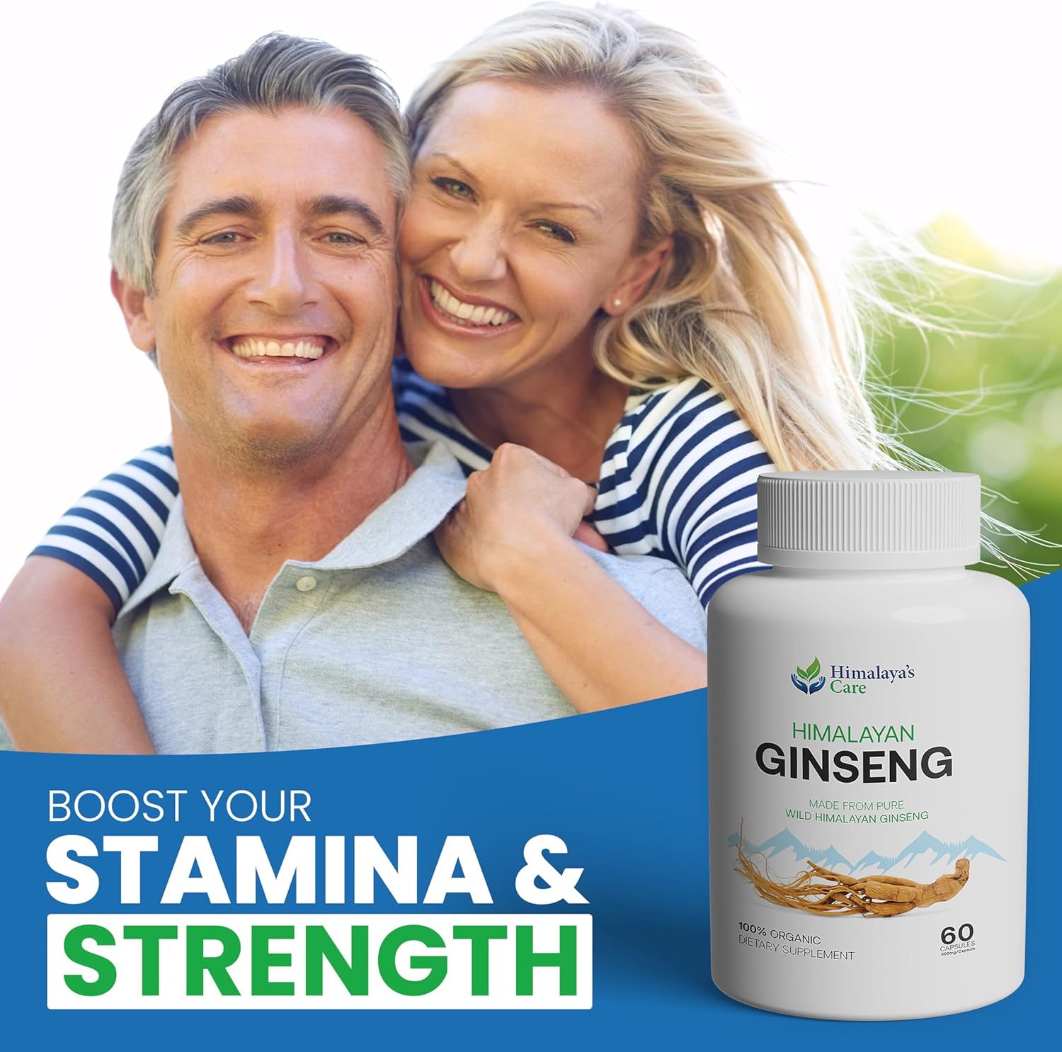 Organic Panax Ginseng Supplement 1000mg - 60 Vegan Capsules - Korean Red Ginseng Extract Root Powder - Natural Energy, Focus, Immune Support, Vitality & Stamina for Men and Women