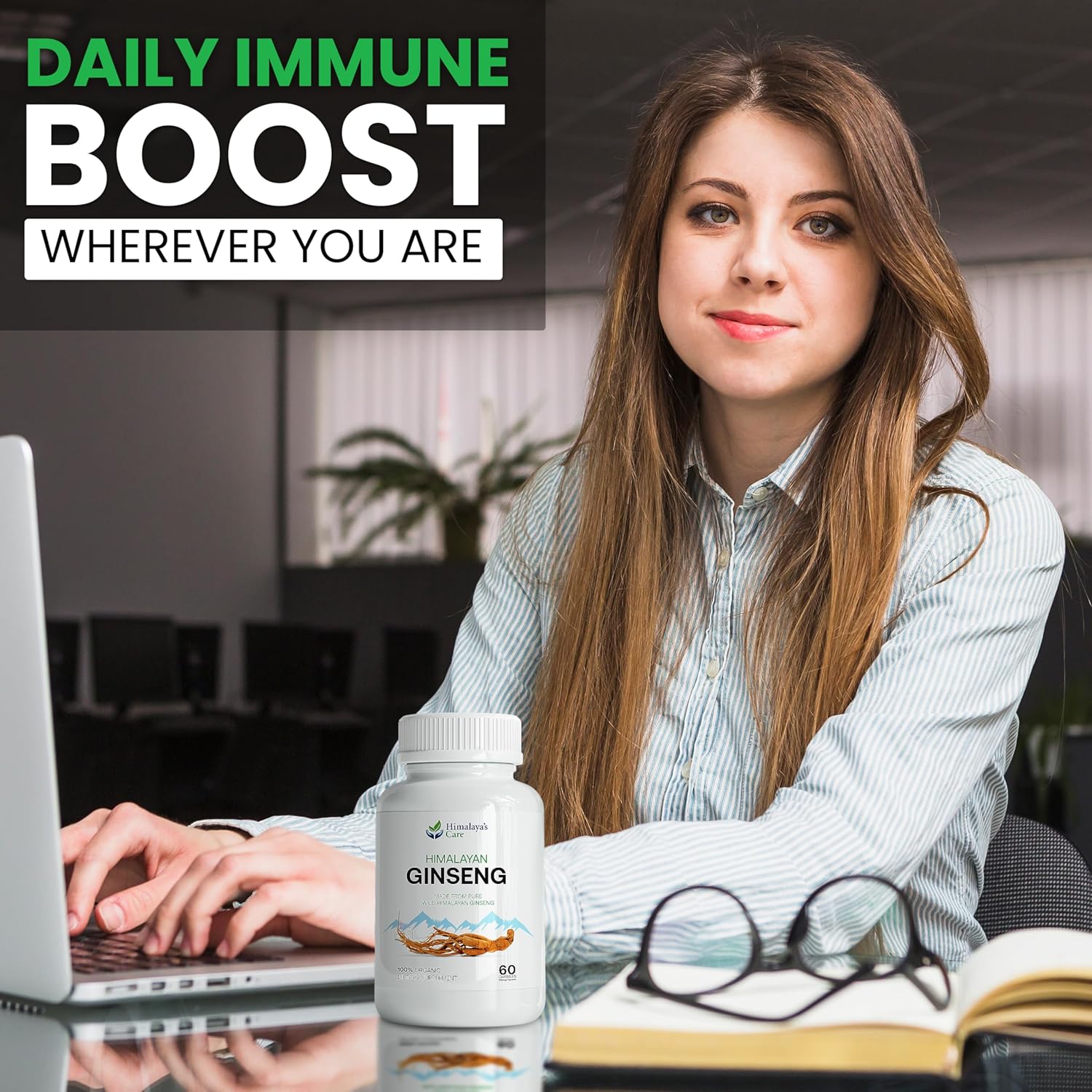 Organic Panax Ginseng Supplement 1000mg - 60 Vegan Capsules - Korean Red Ginseng Extract Root Powder - Natural Energy, Focus, Immune Support, Vitality & Stamina for Men and Women