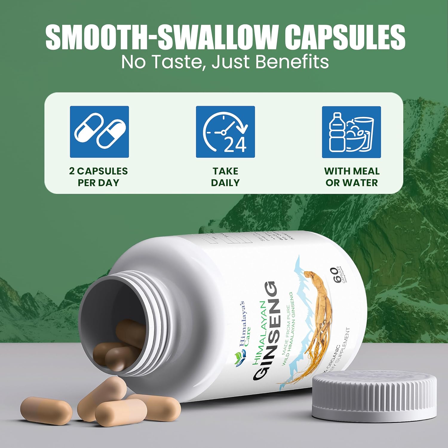 Organic Panax Ginseng Supplement 1000mg - 60 Vegan Capsules - Korean Red Ginseng Extract Root Powder - Natural Energy, Focus, Immune Support, Vitality & Stamina for Men and Women