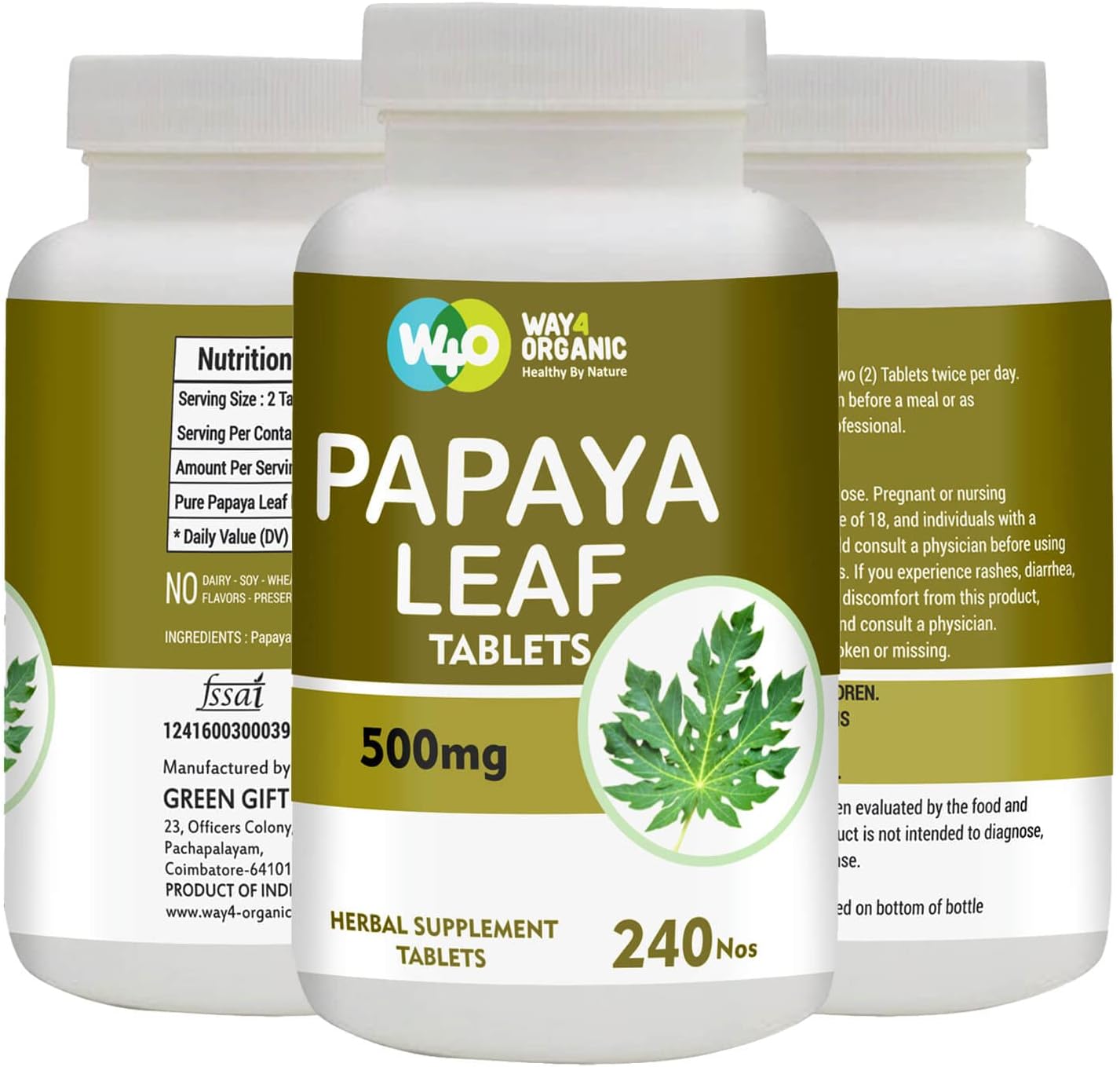 Organic Papaya Leaf Extract Capsules 500mg - 240 Pills for Platelet Immunity & Digestion - 60-Day Supply