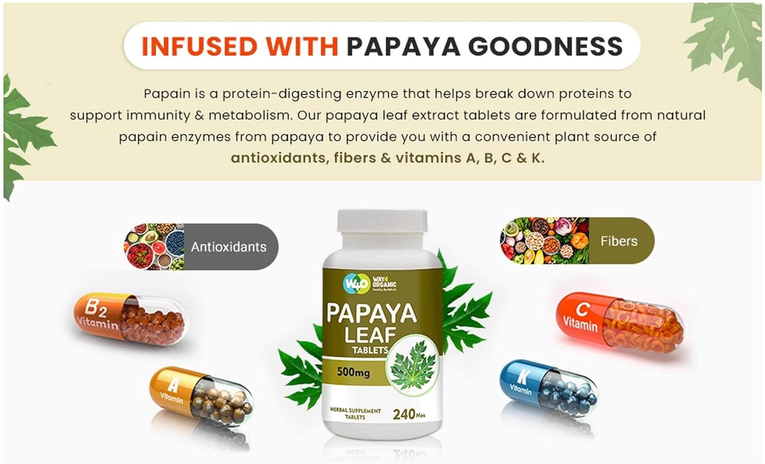 Organic Papaya Leaf Extract Capsules 500mg - 240 Pills for Platelet Immunity & Digestion - 60-Day Supply