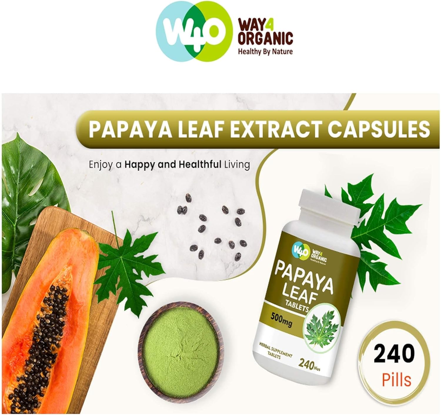 Organic Papaya Leaf Extract Capsules 500mg - 240 Pills for Platelet Immunity & Digestion - 60-Day Supply