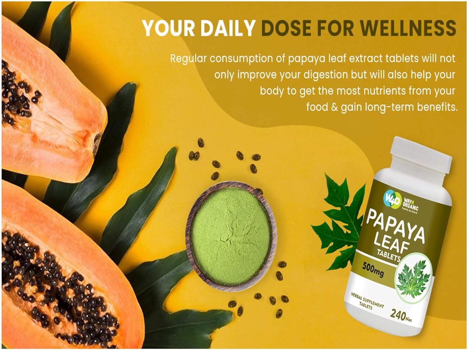 Organic Papaya Leaf Extract Capsules 500mg - 240 Pills for Platelet Immunity & Digestion - 60-Day Supply