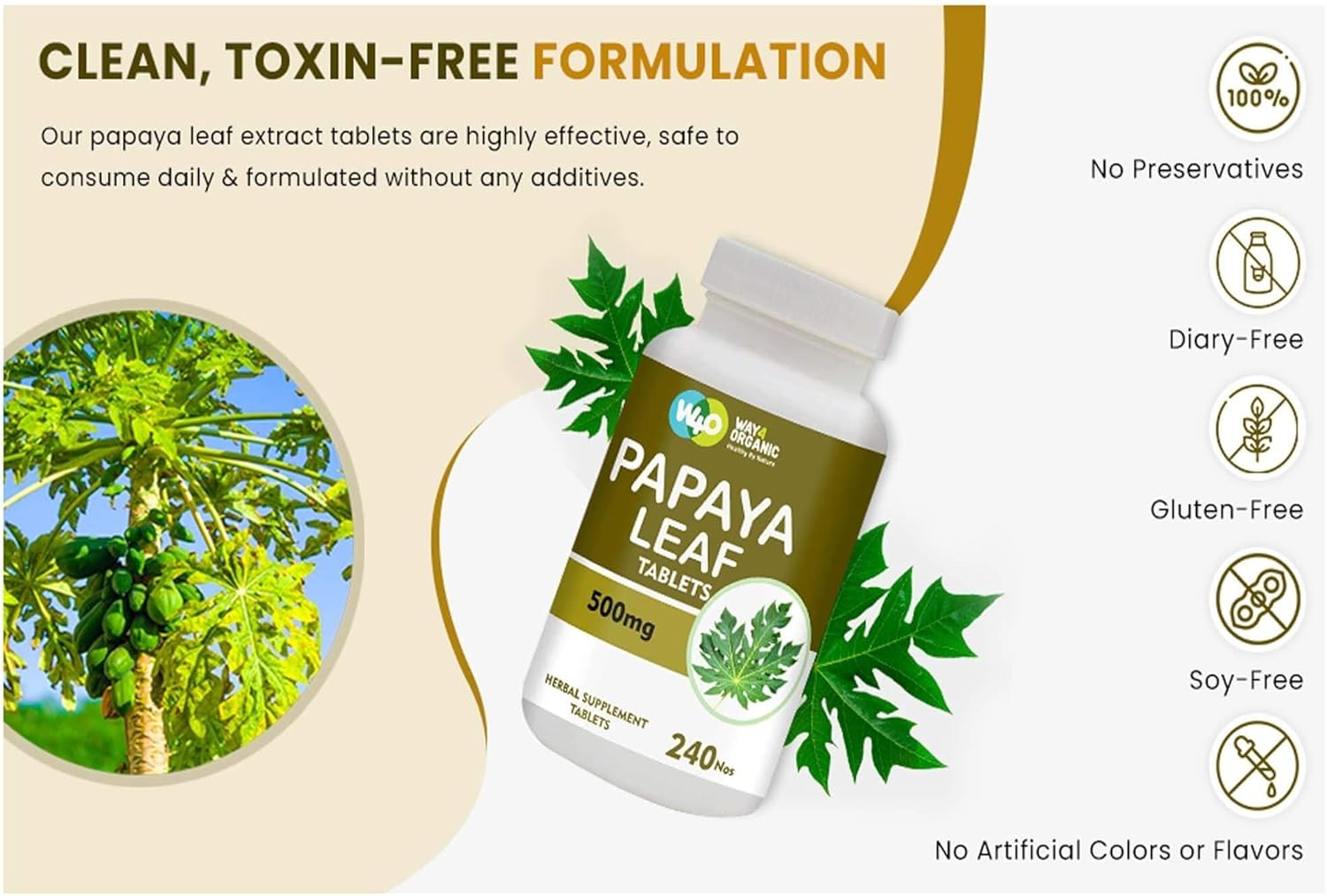 Organic Papaya Leaf Extract Capsules 500mg - 240 Pills for Platelet Immunity & Digestion - 60-Day Supply
