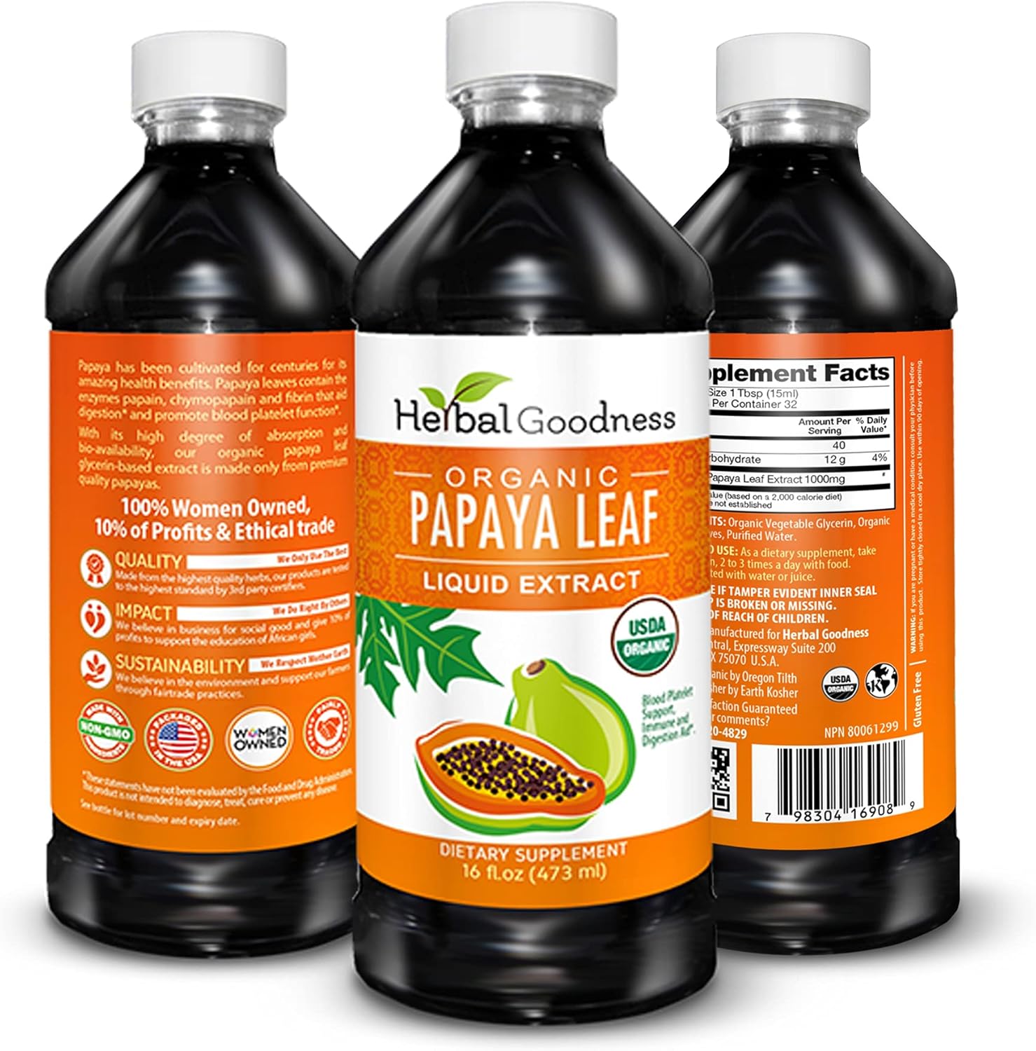 Organic Papaya Leaf Extract Liquid - 15X Platelet Boost, Bone Marrow & Spleen Support, Immune Health - 16 oz Bottle